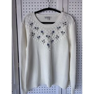 Coldwater Creek Women's Lg Cotton Blend Ivory Floral Embroidery Knit Sweater